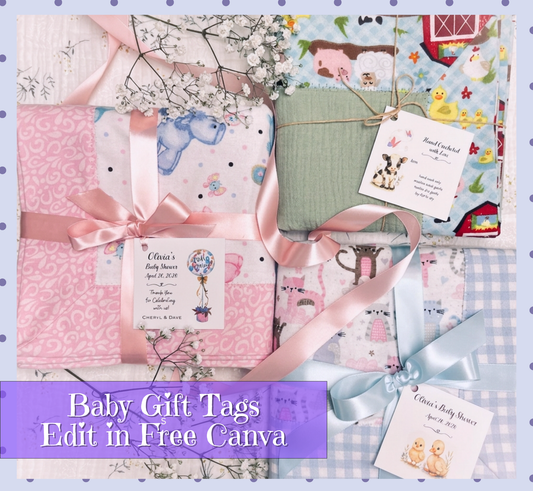 A styled flat-lay of baby gift tags and wrapped gift boxes with pastel fabrics, bows, and decorative ribbons. A purple banner at the bottom reads 'Baby Gift Tags Edit in Free Canva'.