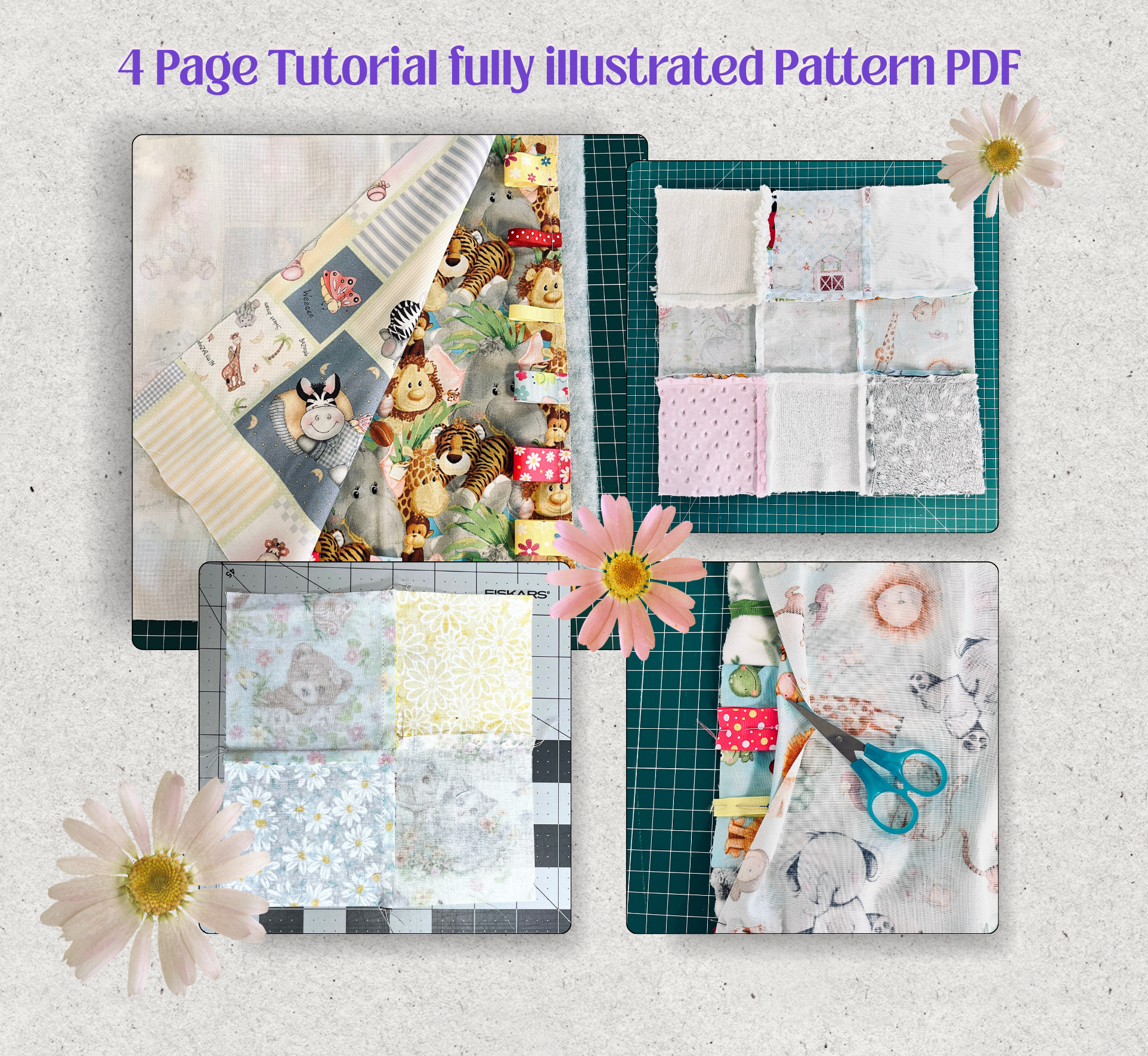A promotional graphic for a '4 Page Tutorial fully illustrated Pattern PDF' featuring four sample pages of fabric patchwork designs. The pages display various patterns including animals, flowers, and geometric designs on fabrics.