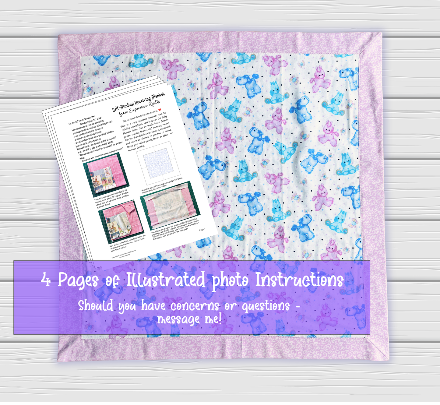 pattern pdf is displayed on a white wood background, featuring a lavender border, a white center with blue and purple teddy bear patterns, and an instruction booklet. A purple banner at the bottom reads '4 Pages of Illustrated photo Instructions Should you have concerns or questions - message me!'.