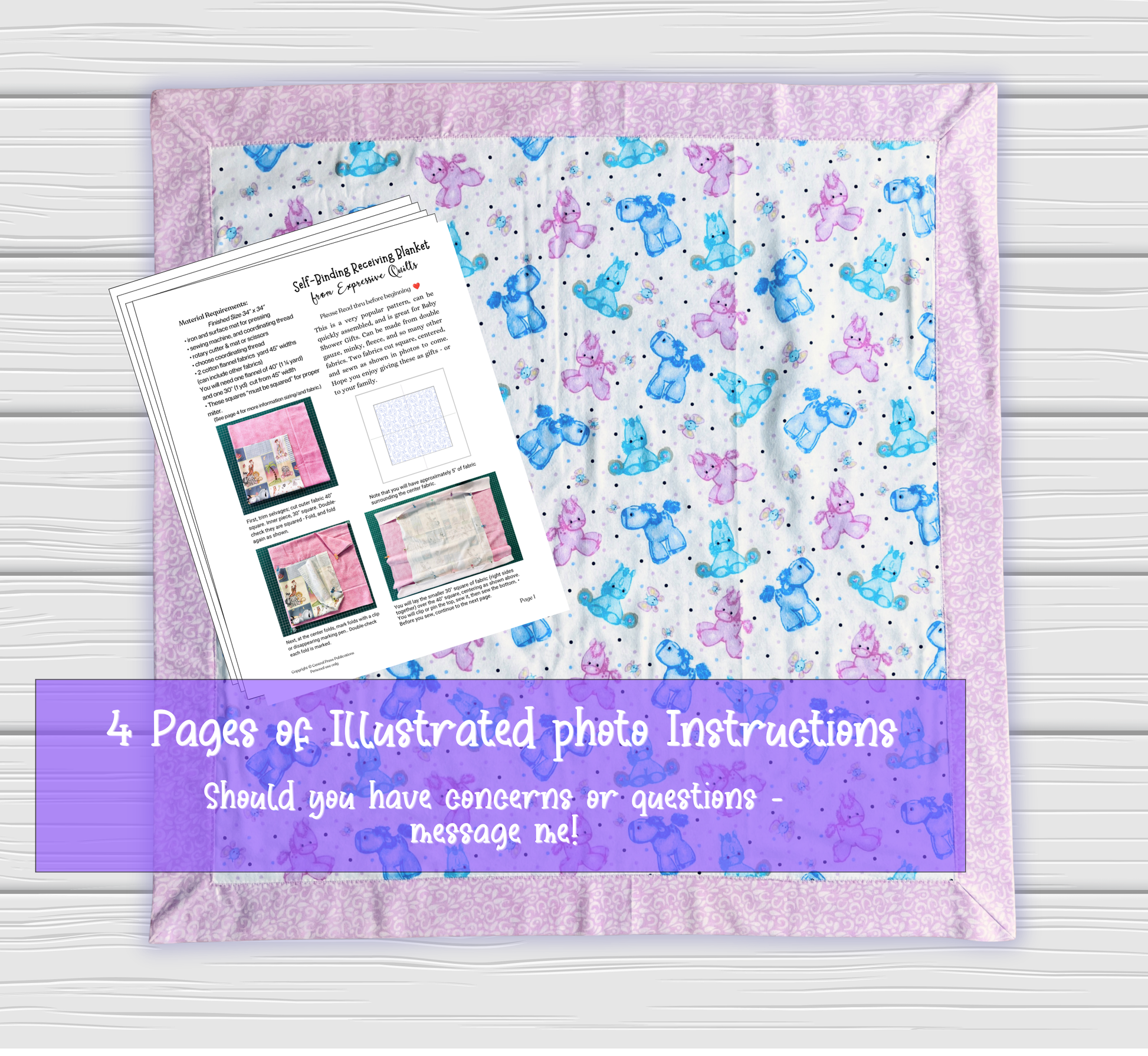 pattern pdf is displayed on a white wood background, featuring a lavender border, a white center with blue and purple teddy bear patterns, and an instruction booklet. A purple banner at the bottom reads '4 Pages of Illustrated photo Instructions Should you have concerns or questions - message me!'.