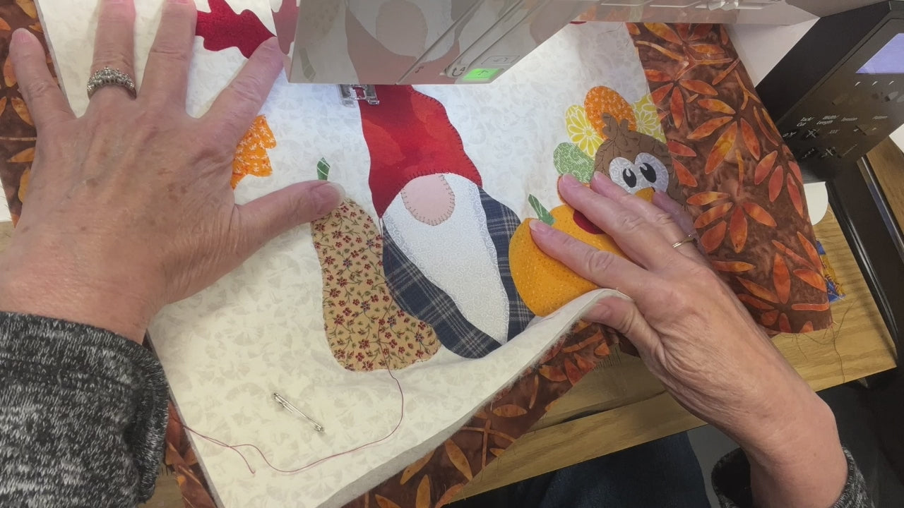 video sewing Gnome, Turkey mini quilt