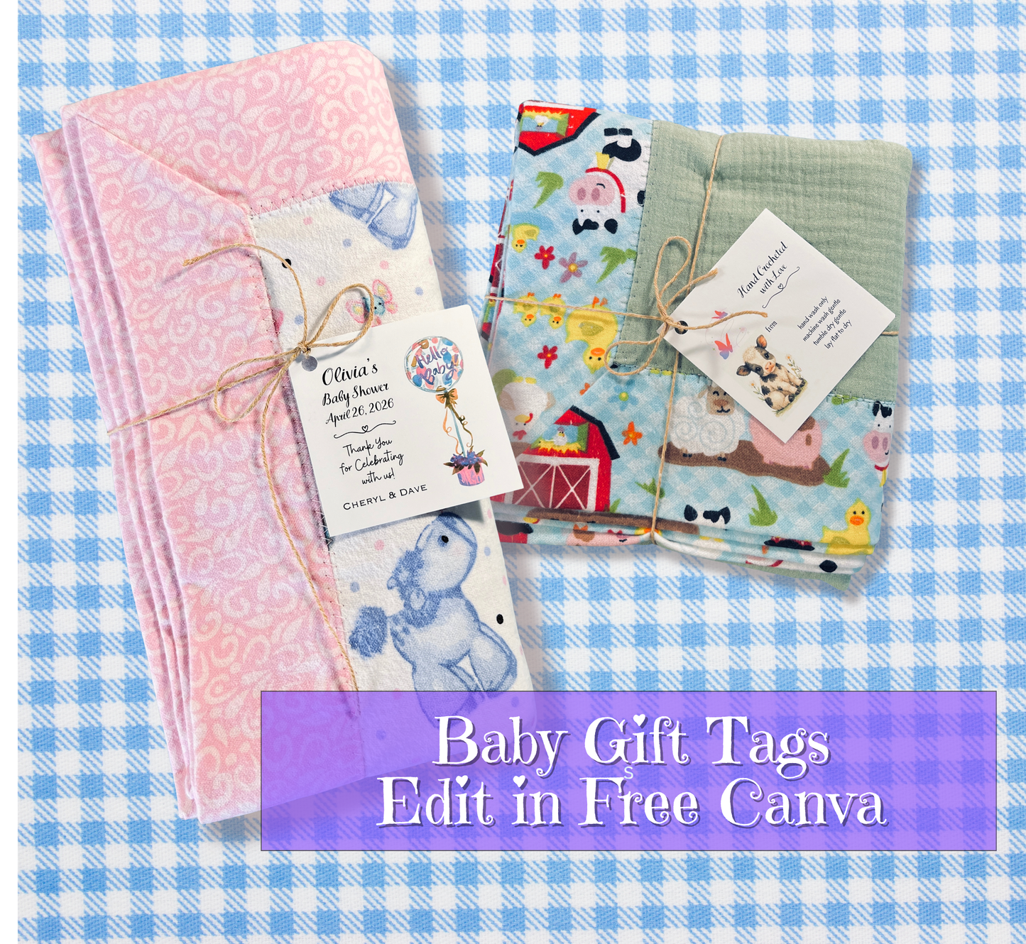 Two folded baby gift bags or wraps displayed on a blue-and-white gingham background. One is light pink with a subtle damask pattern and a blue bear illustration; the other is multicolor with a farm and animal print, including a red barn, cow, duck, and a blue bear.