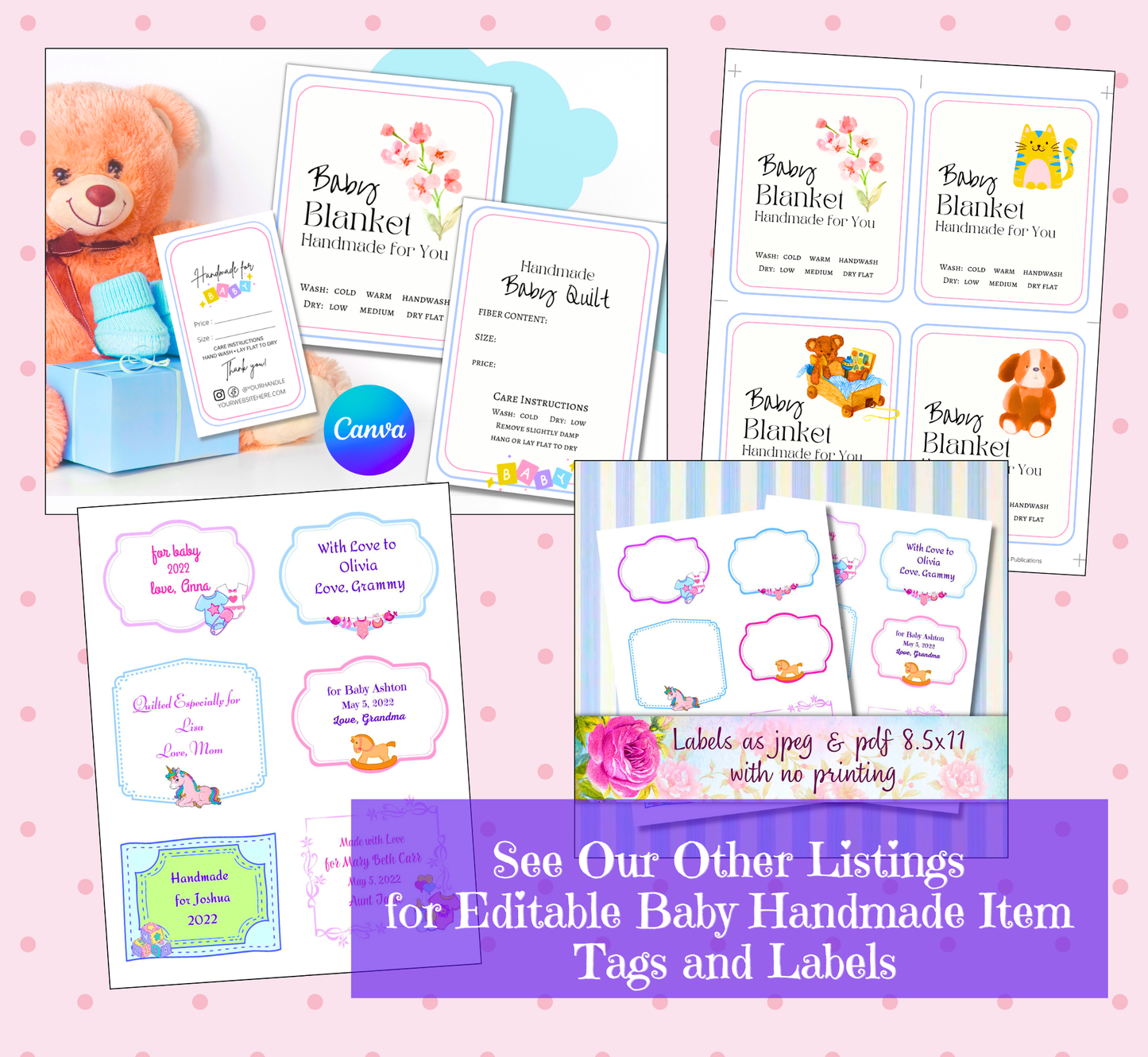 A collage showing multiple printable baby handmade item labels and tags in pastel pink, blue, yellow, and white designs, with a teddy bear and gift box illustration on the left and a purple banner at the bottom reading 'See Our Other Listings for Editable Baby Handmade Item Tags and Labels.'.