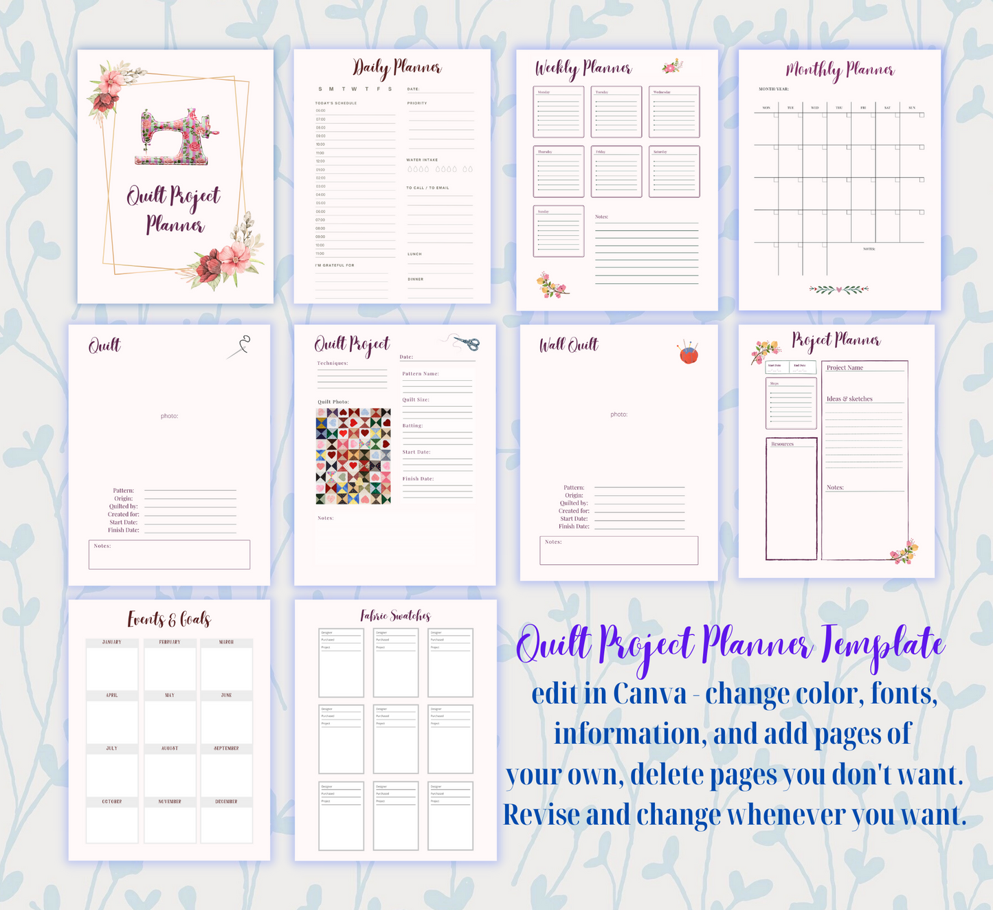 Quilt Project Planner Template Design to make it your own, Create and Edit in Canva